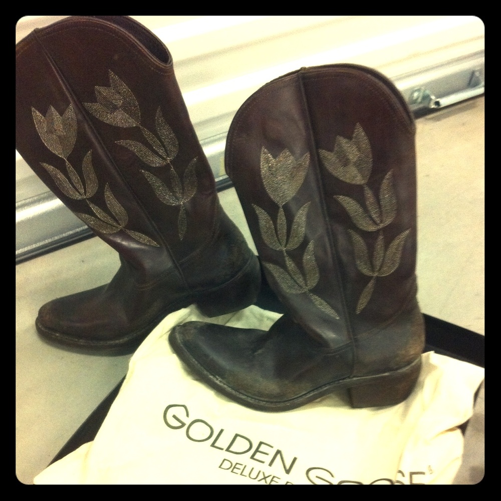 Golden Goose Cowboy Boots w/ Tulips in Brown